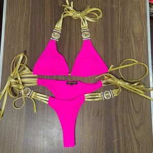 Neon Pink and Gold Jeweled Bikini